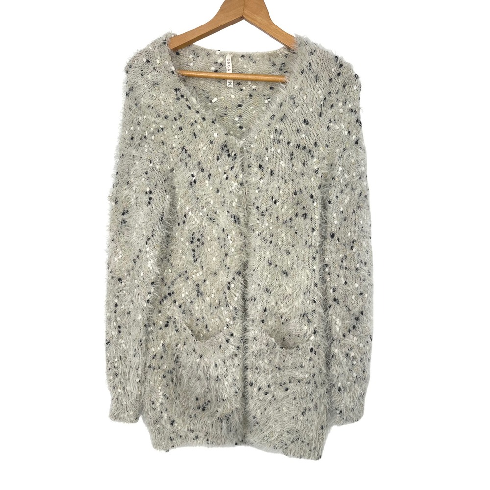 Anthropologie Raga Cardigan Sweater Women XS Eyelash Fuzzy Button Cozy Neutral
